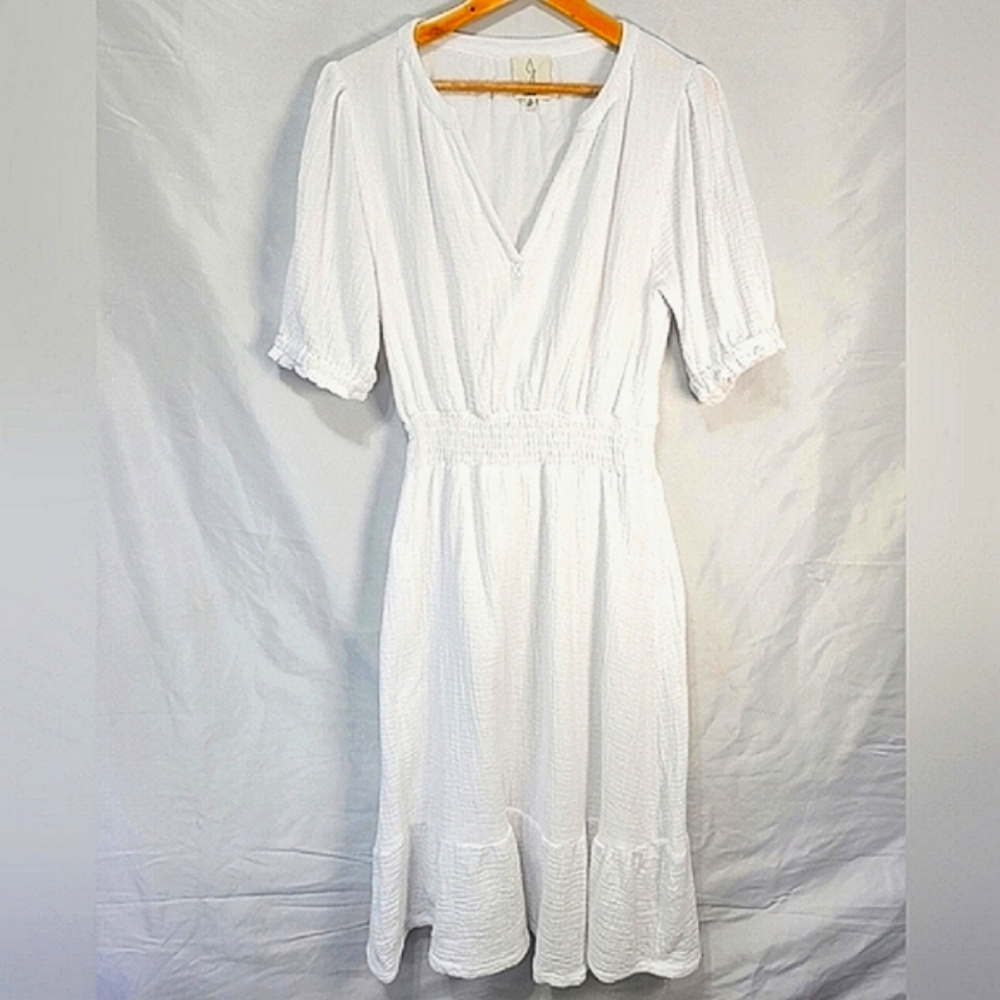 Joie %100 Cotton Gauze White Fairycore Boho Prarie Chic Blouson Midi Dress